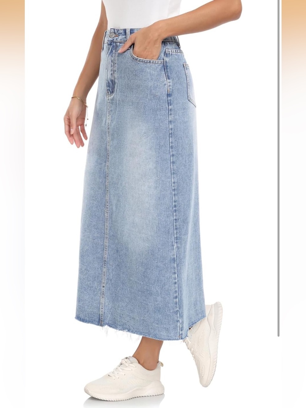 Denim Skirt Stretch High Waisted Frayed Raw Hem A Line Midi Skirt with Pockets - Picture 2 of 7